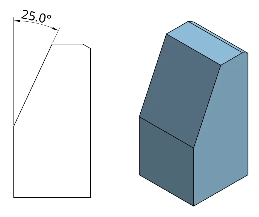 Angular dimension shown with an arc and tolerance defining the angle between two features on a drawing