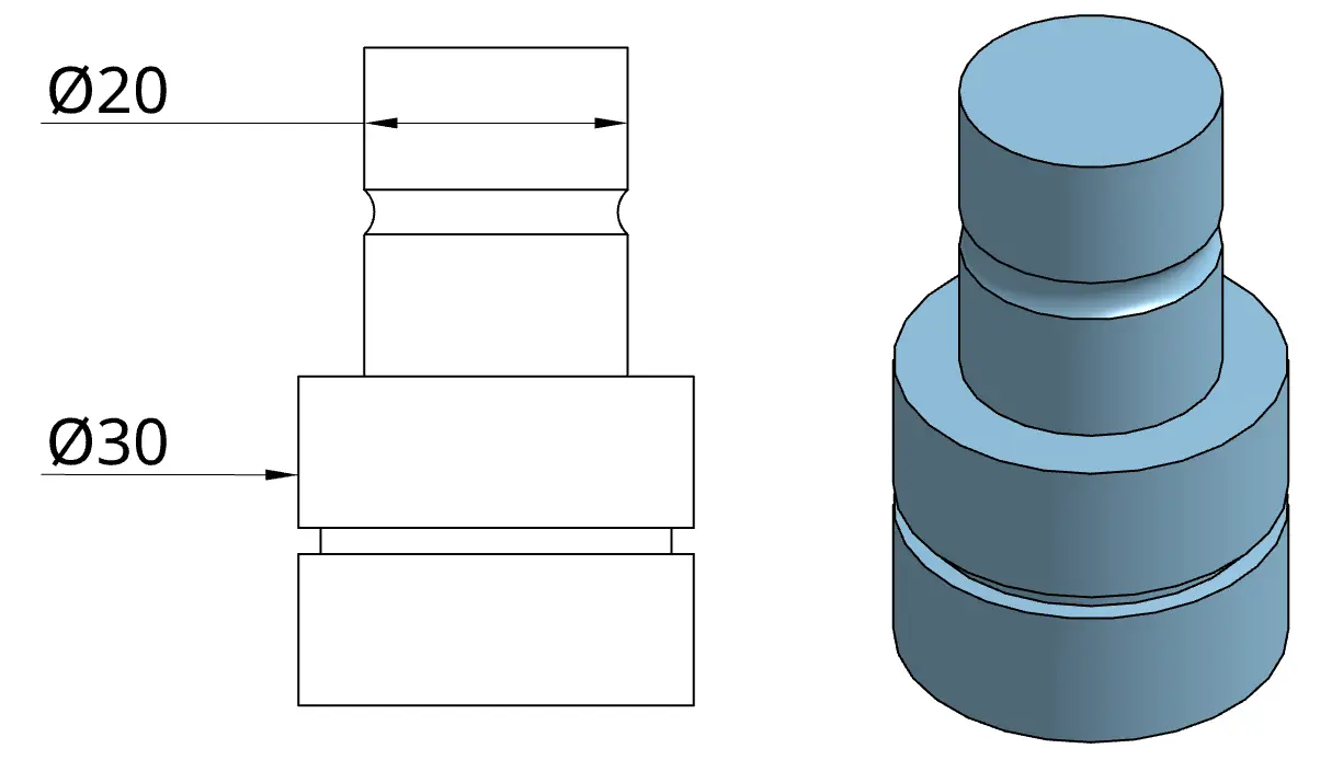 Diameter dimension on a technical drawing using the Ø prefix with a single leader on a cylindrical feature