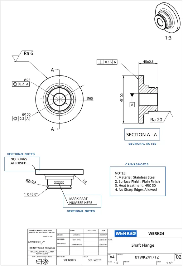 Technical drawing showing a NOTES block with general manufacturing instructions and leader-linked local notes
