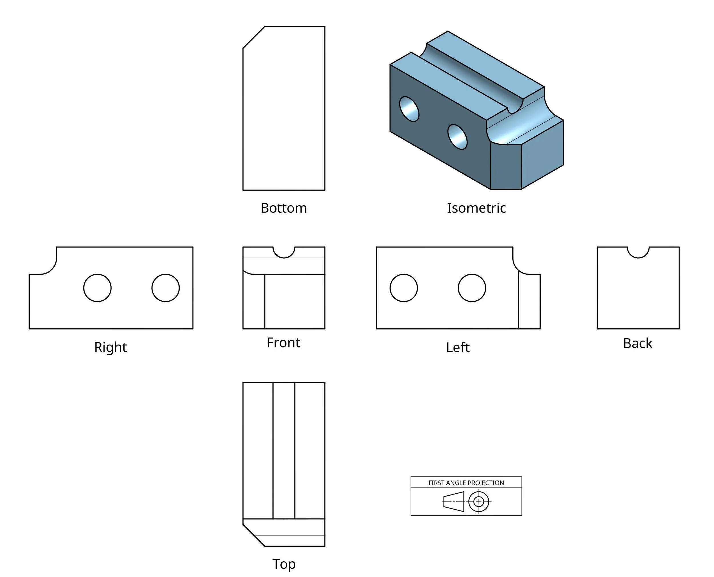 First-angle projection diagram showing how 3D part views are arranged on a 2D technical drawing