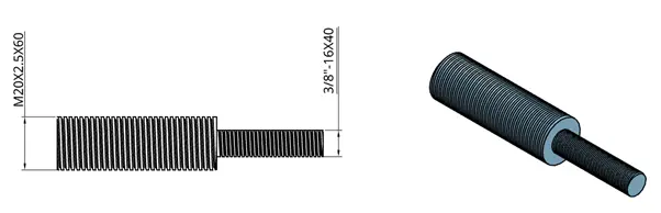 External thread callout on a technical drawing showing major diameter, pitch, and length